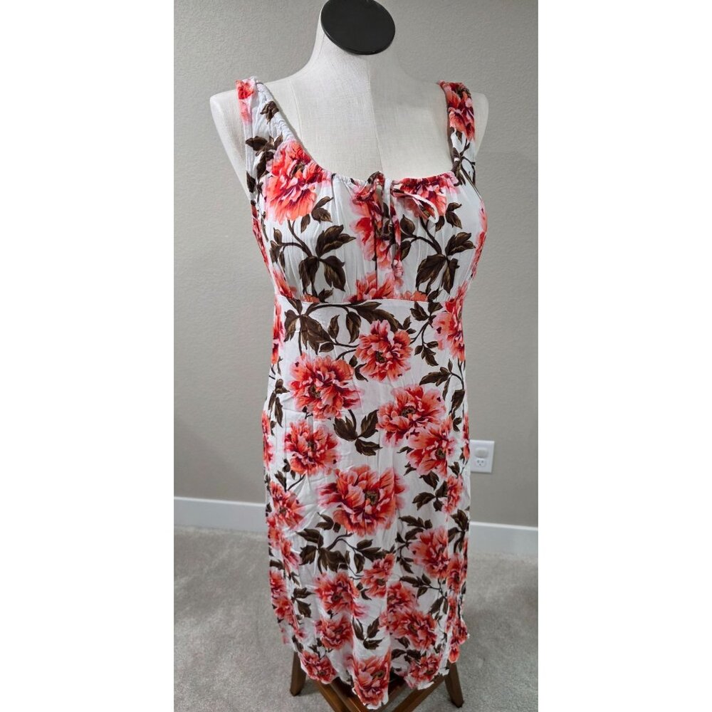 Floral Sleeveless Midi Dress With Tie Front Detail & Red Pink Print L